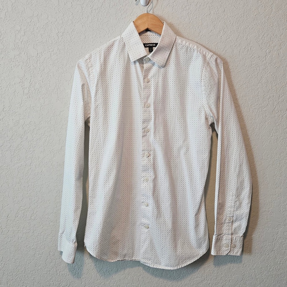 Express Mens Extra Slim Fit Polka Dot Button Down Shirt White Blue Small 14-14.5